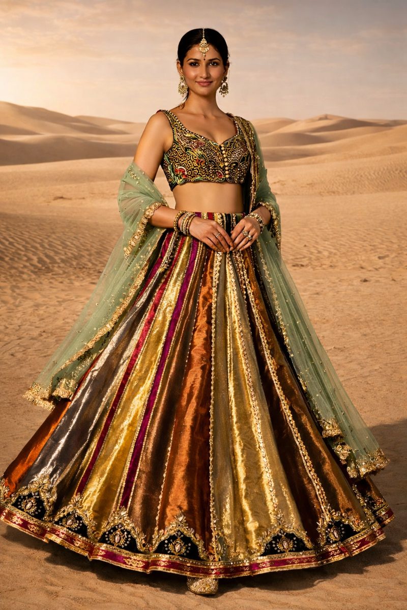 Gold multicolor striped lehenga with green dupatta in desert dunes at sunset by Pehnawa by SS