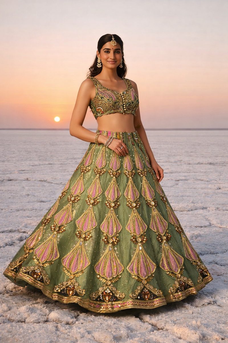 Gold multicolor bridal lehenga with zardozi work in indoor palace setting by Pehnawa by SS