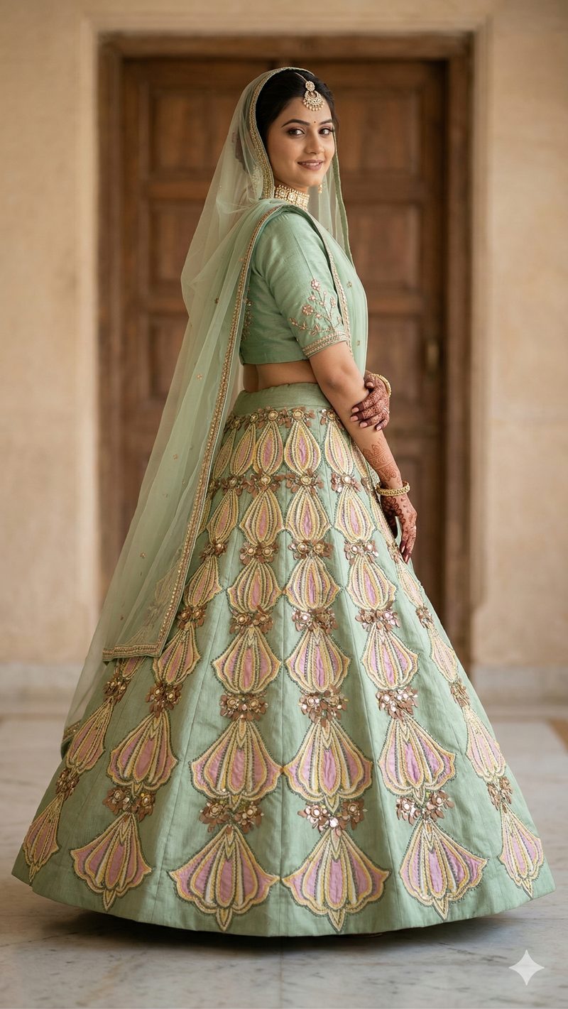 Sage green lehenga with pink embroidered motifs and bridal mehendi by Pehnawa by SS