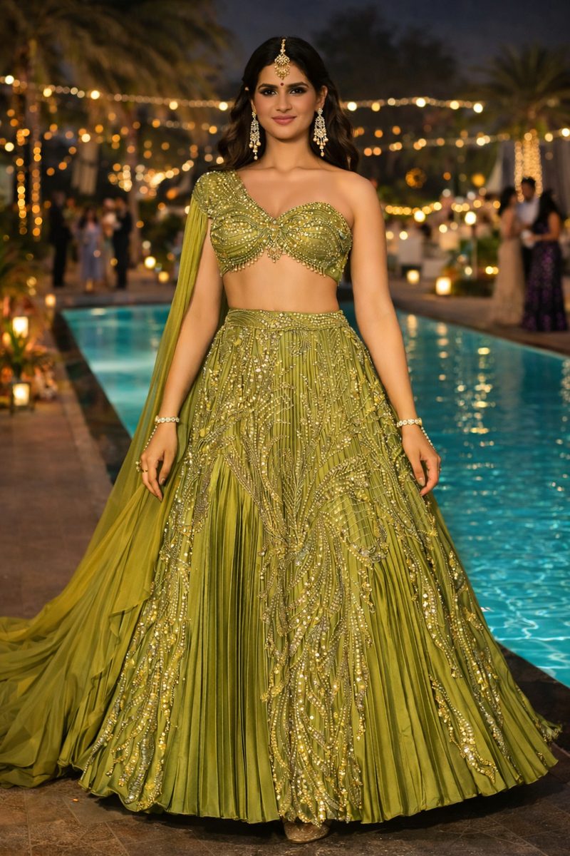 Olive green crystal embellished lehenga at poolside evening party by Pehnawa by SS